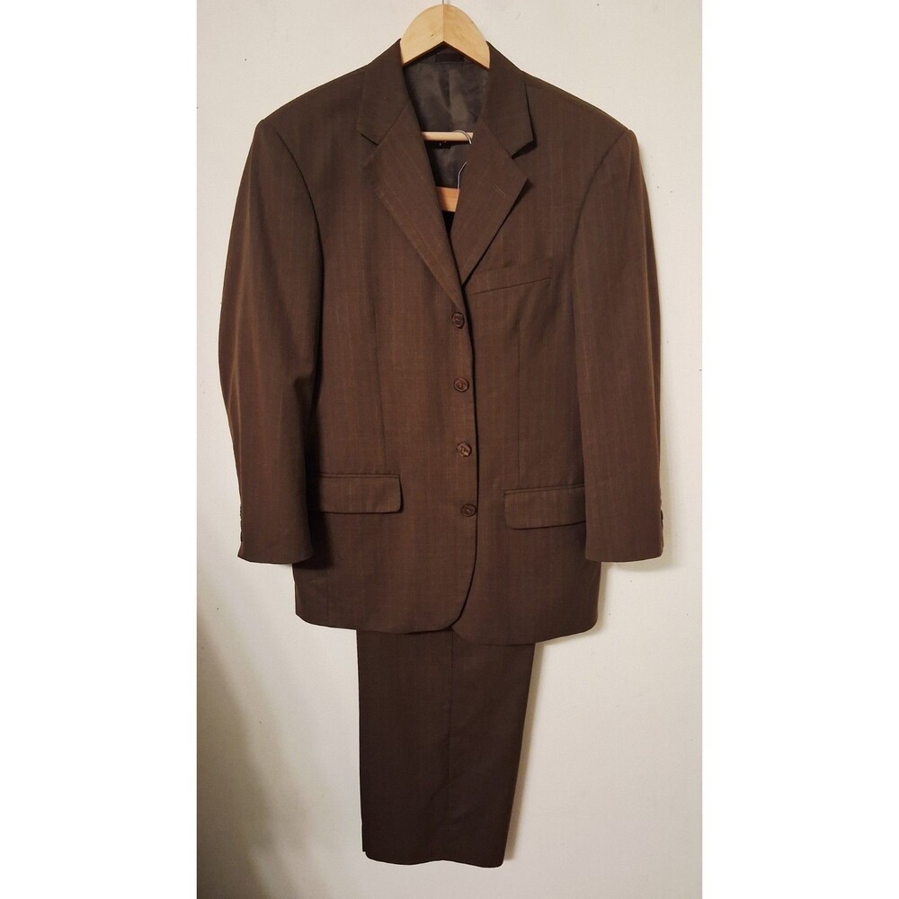 Vintage Falcone Striped 2 Piece Suit Size 40R 31x27 +2" Brown